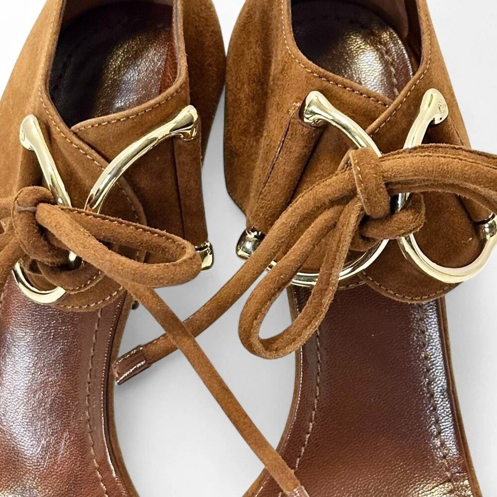 Gucci Vintage Y2K Horsebit Suede Sandals Lace Up Stiletto Heels Cognac Brown 7.5 - Picture 4 of 13